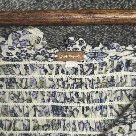 Free People Floral Blouse Blue White Long Sleeve Semi Sheer Size XL - Picture 3 of 7